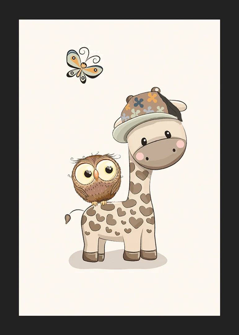 Illustrated giraffe with cap, owl and butterfly in soft colors-12