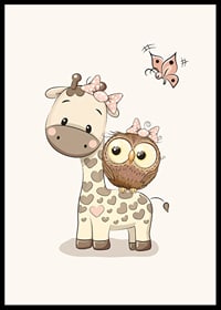 Illustration of giraffe and owl with bows, beige tones-6