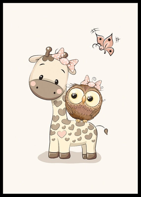 Illustration of giraffe and owl with bows, beige tones-12