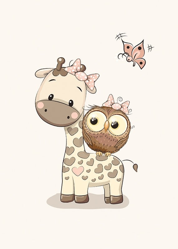 Illustration of giraffe and owl with bows, beige tones-12