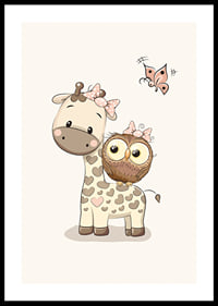 Illustration of giraffe and owl with bows, beige tones-0