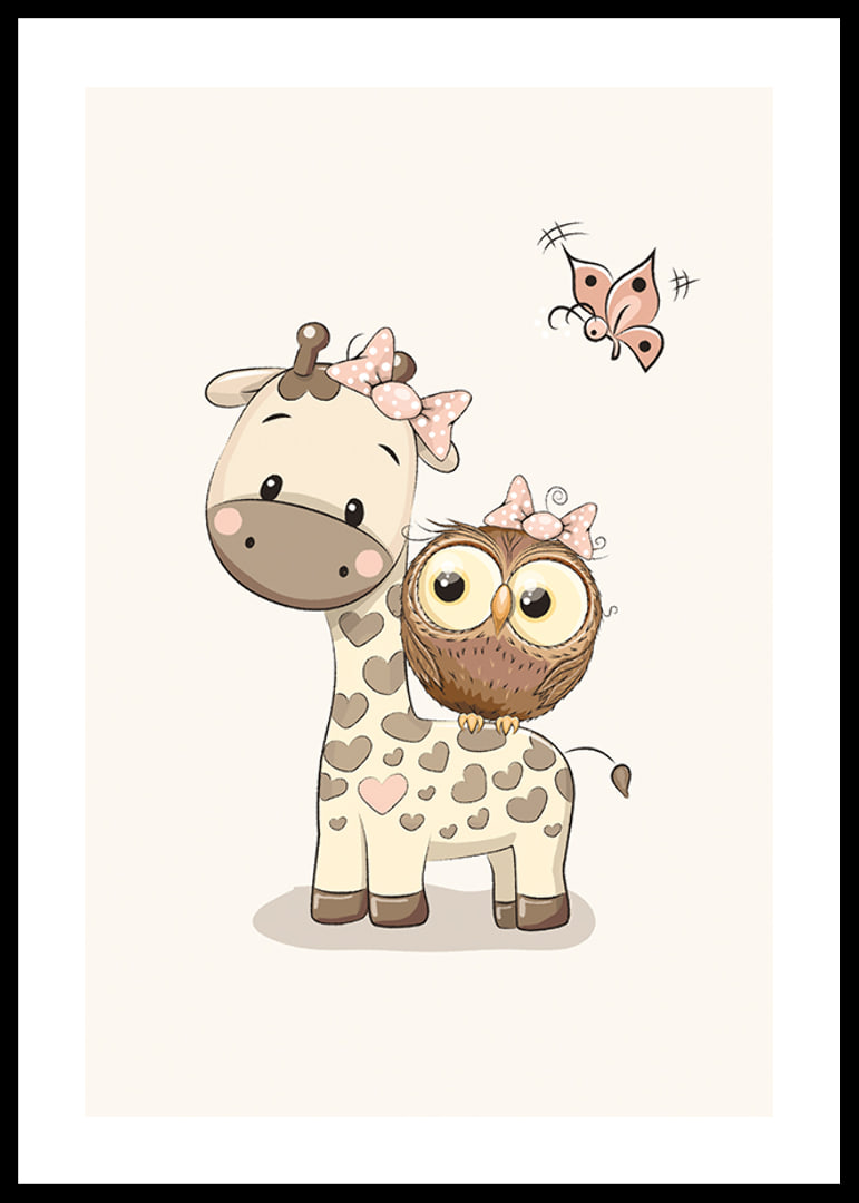 Illustration of giraffe and owl with bows, beige tones-12