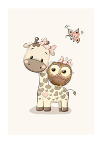 Illustration of giraffe and owl with bows, beige tones-1