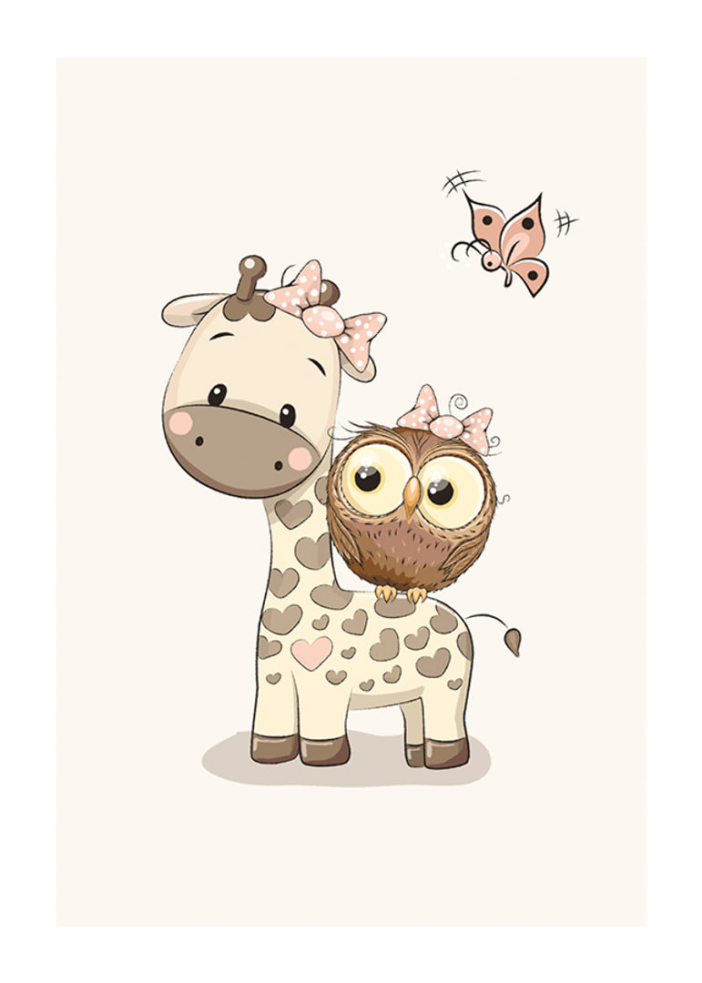 Illustration of giraffe and owl with bows, beige tones-12
