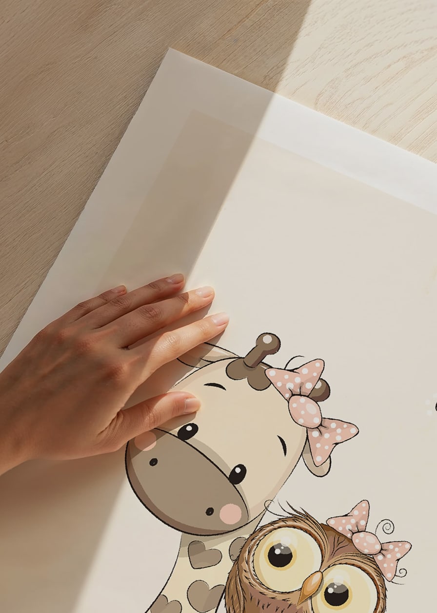 Illustration of giraffe and owl with bows, beige tones-12