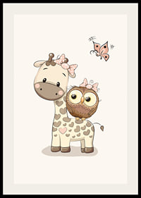 Illustration of giraffe and owl with bows, beige tones-2