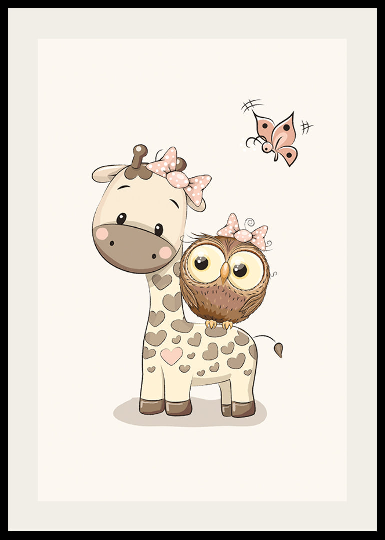 Illustration of giraffe and owl with bows, beige tones-12