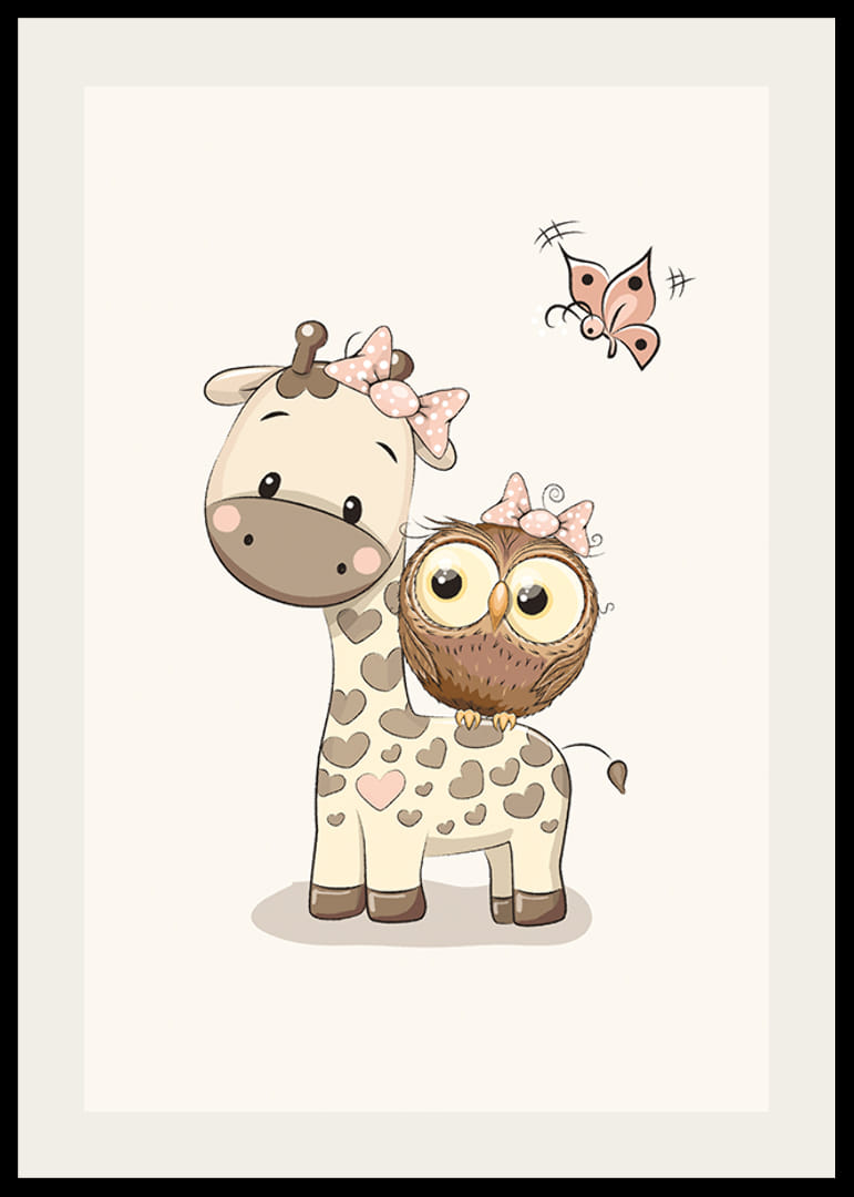 Kirahvi ja pöllö ruseteilla, beigen sävyinen kuva-12