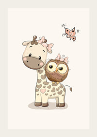 Illustration of giraffe and owl with bows, beige tones-3