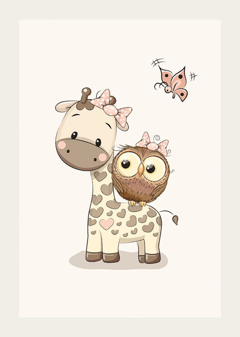 Illustration of giraffe and owl with bows, beige tones-12