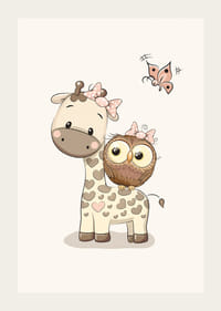 Kirahvi ja pöllö ruseteilla, beigen sävyinen kuva-3