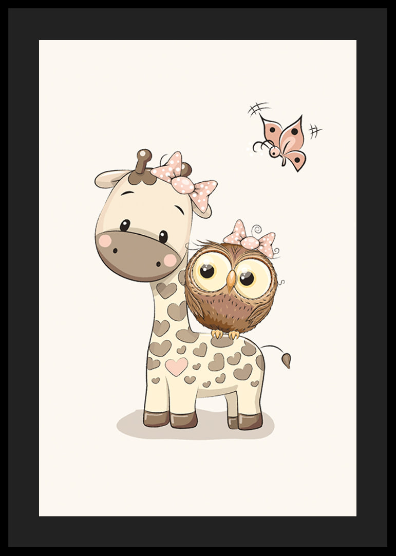 Illustration of giraffe and owl with bows, beige tones-12