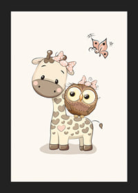 Illustration of giraffe and owl with bows, beige tones-5