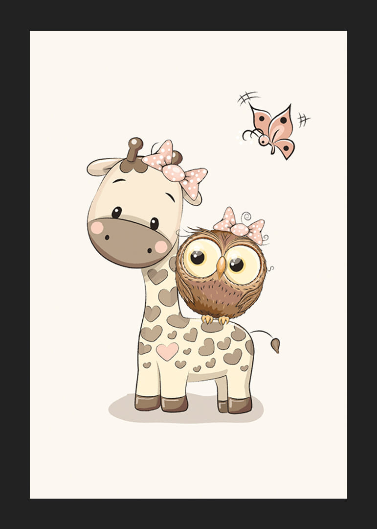 Kirahvi ja pöllö ruseteilla, beigen sävyinen kuva-12