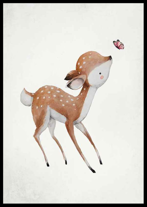 Akvarellillustration av rådjurskid med rosa fjäril-12