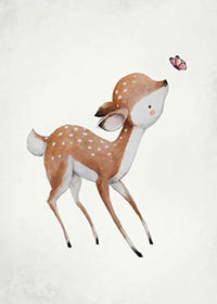 Akvarellillustration av rådjurskid med rosa fjäril-7