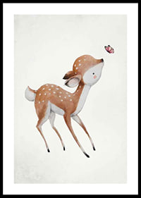 Akvarellillustration av rådjurskid med rosa fjäril-0