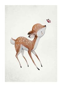 Akvarellillustration av rådjurskid med rosa fjäril-1