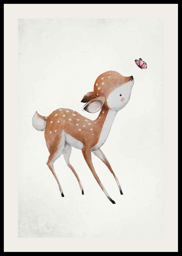 Akvarellillustration av rådjurskid med rosa fjäril-12