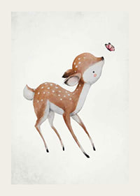 Akvarellillustration av rådjurskid med rosa fjäril-3