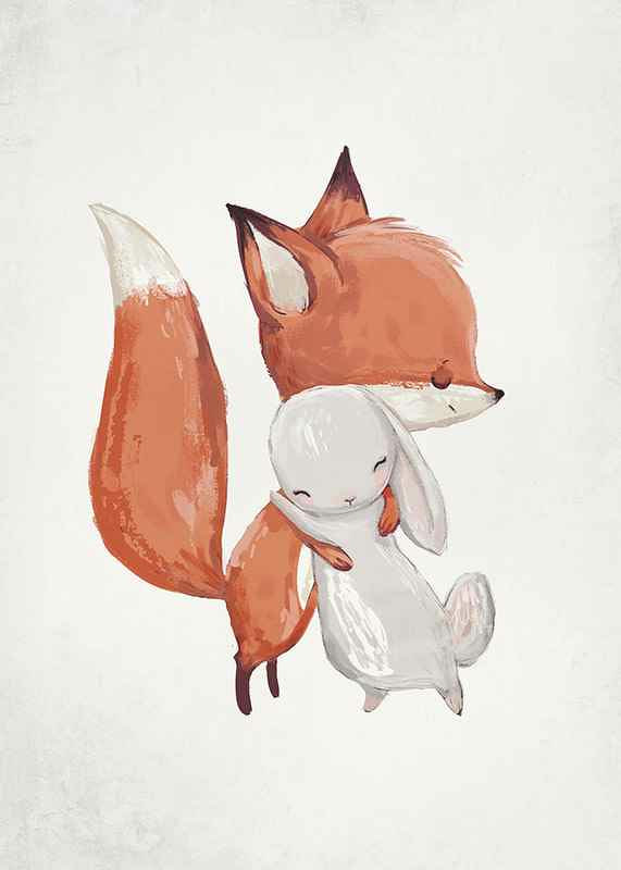 Watercolor illustration of fox and rabbit hugging on white background-12