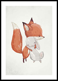 Watercolor illustration of fox and rabbit hugging on white background-0