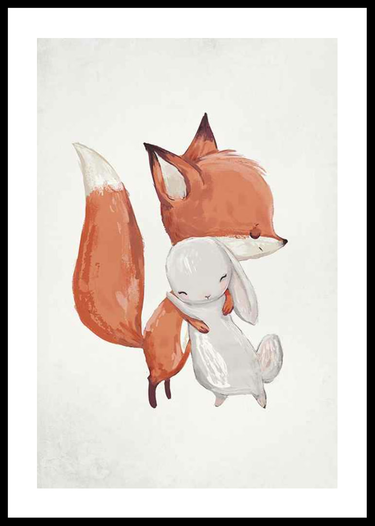Watercolor illustration of fox and rabbit hugging on white background-12