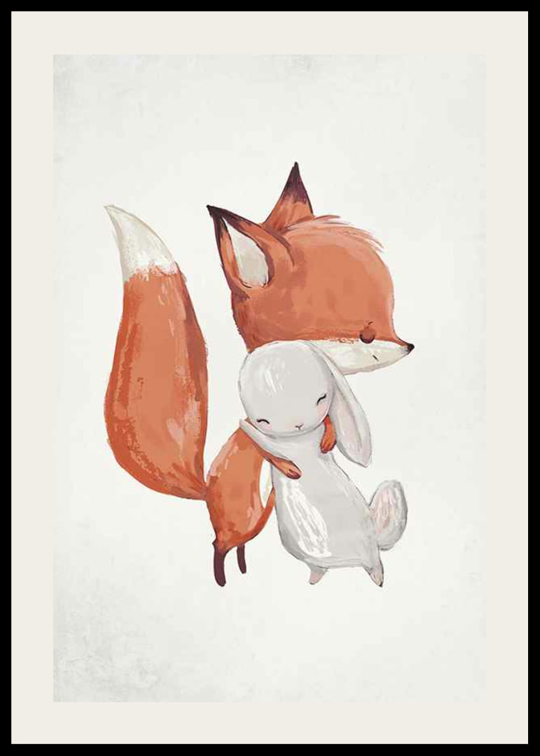 Watercolor illustration of fox and rabbit hugging on white background-12