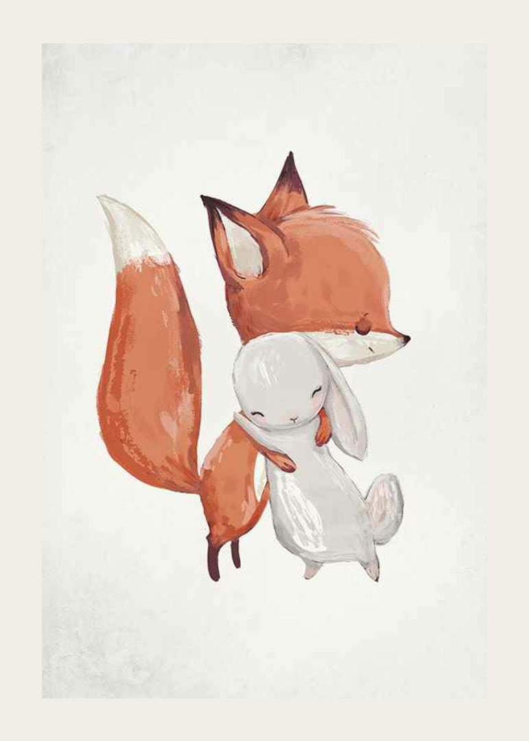 Watercolor illustration of fox and rabbit hugging on white background-12