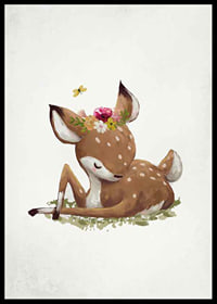 Watercolor illustration of resting deer calf with flower wreath-6