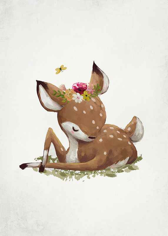 Watercolor illustration of resting deer calf with flower wreath-12