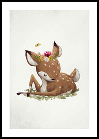Watercolor illustration of resting deer calf with flower wreath-0