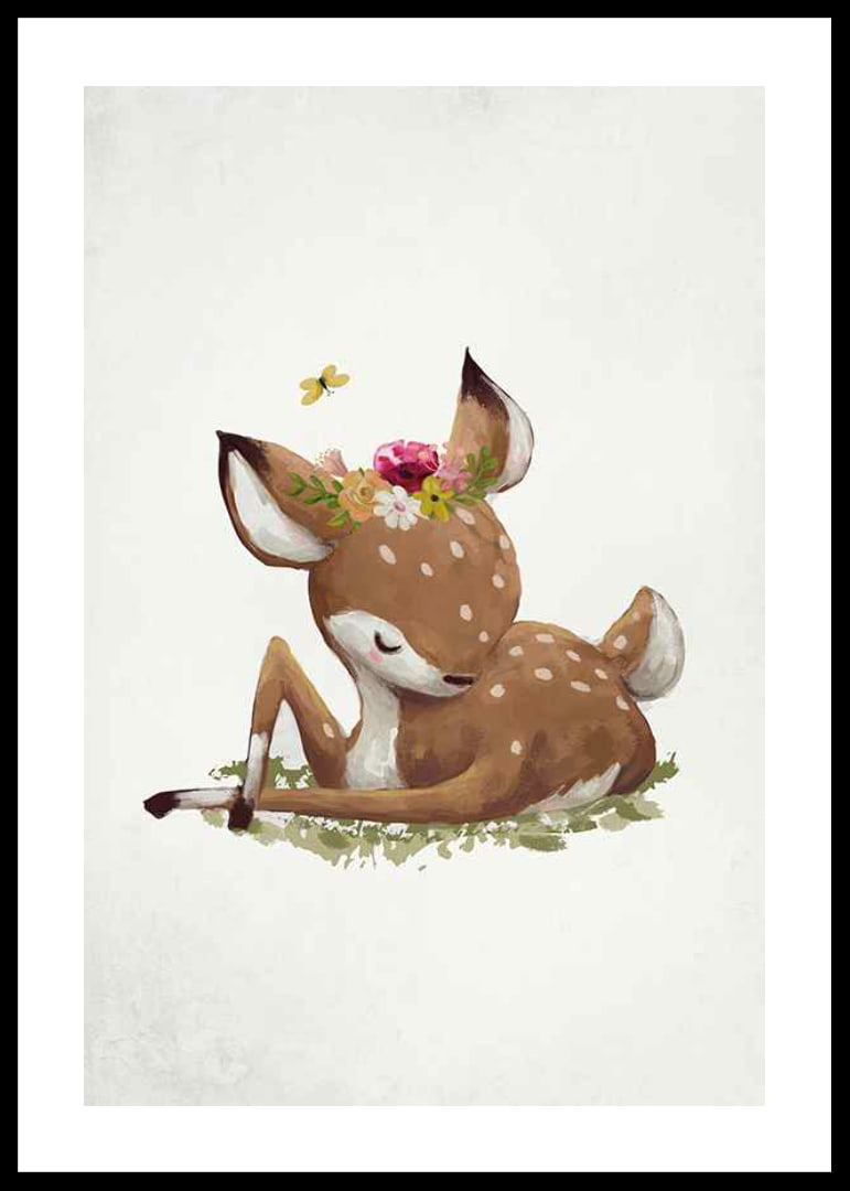 Watercolor illustration of resting deer calf with flower wreath-12