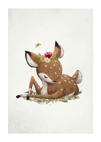 Watercolor illustration of resting deer calf with flower wreath-1