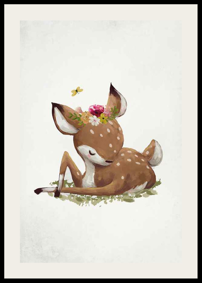 Watercolor illustration of resting deer calf with flower wreath-12