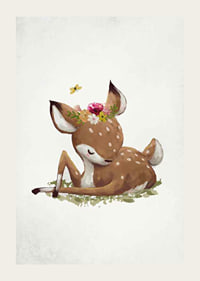 Watercolor illustration of resting deer calf with flower wreath-3