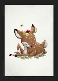 Watercolor illustration of resting deer calf with flower wreath-5