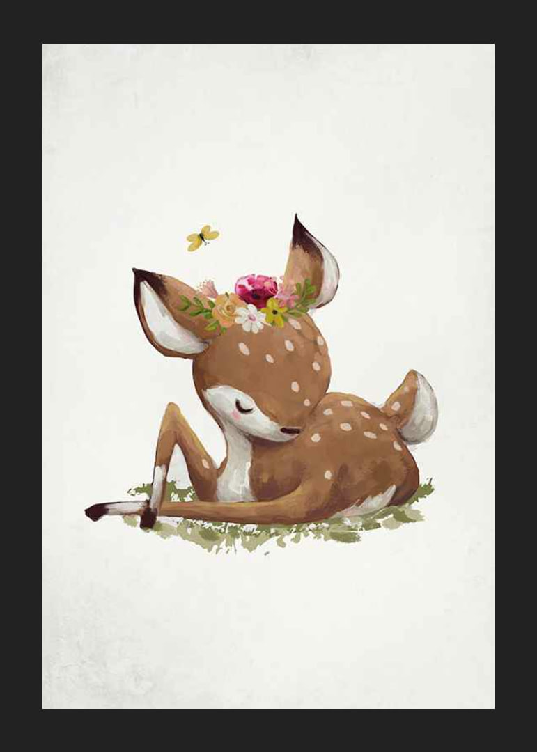 Watercolor illustration of resting deer calf with flower wreath-12