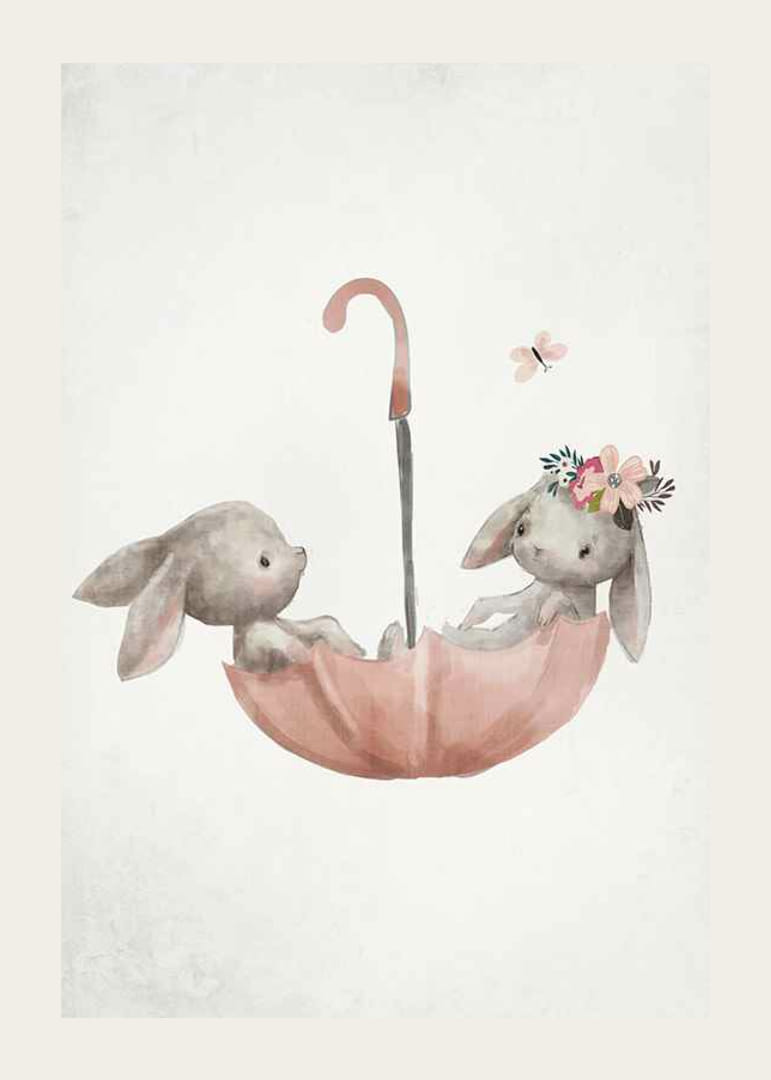 Ilustração em aquarela de dois coelhos em guarda-chuva rosa-12