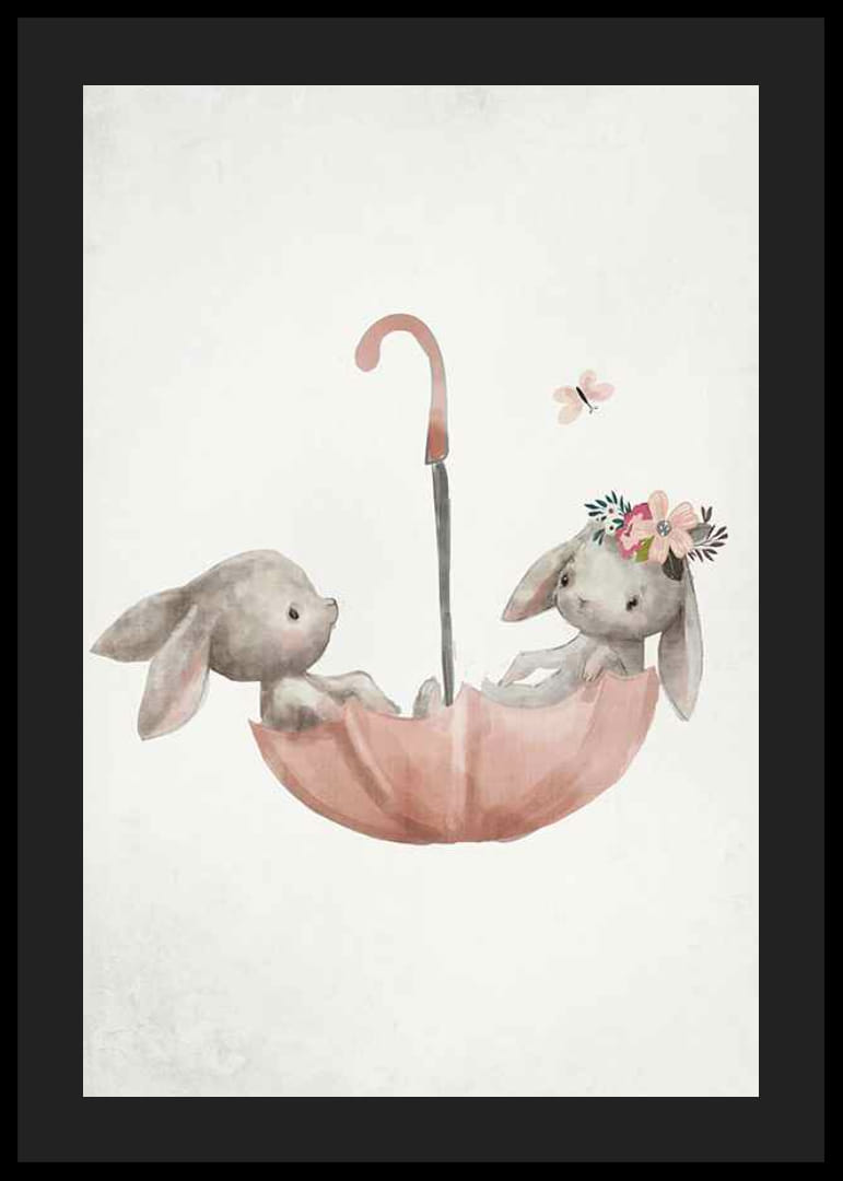 Ilustração em aquarela de dois coelhos em guarda-chuva rosa-12