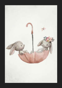 Ilustração em aquarela de dois coelhos em guarda-chuva rosa-5