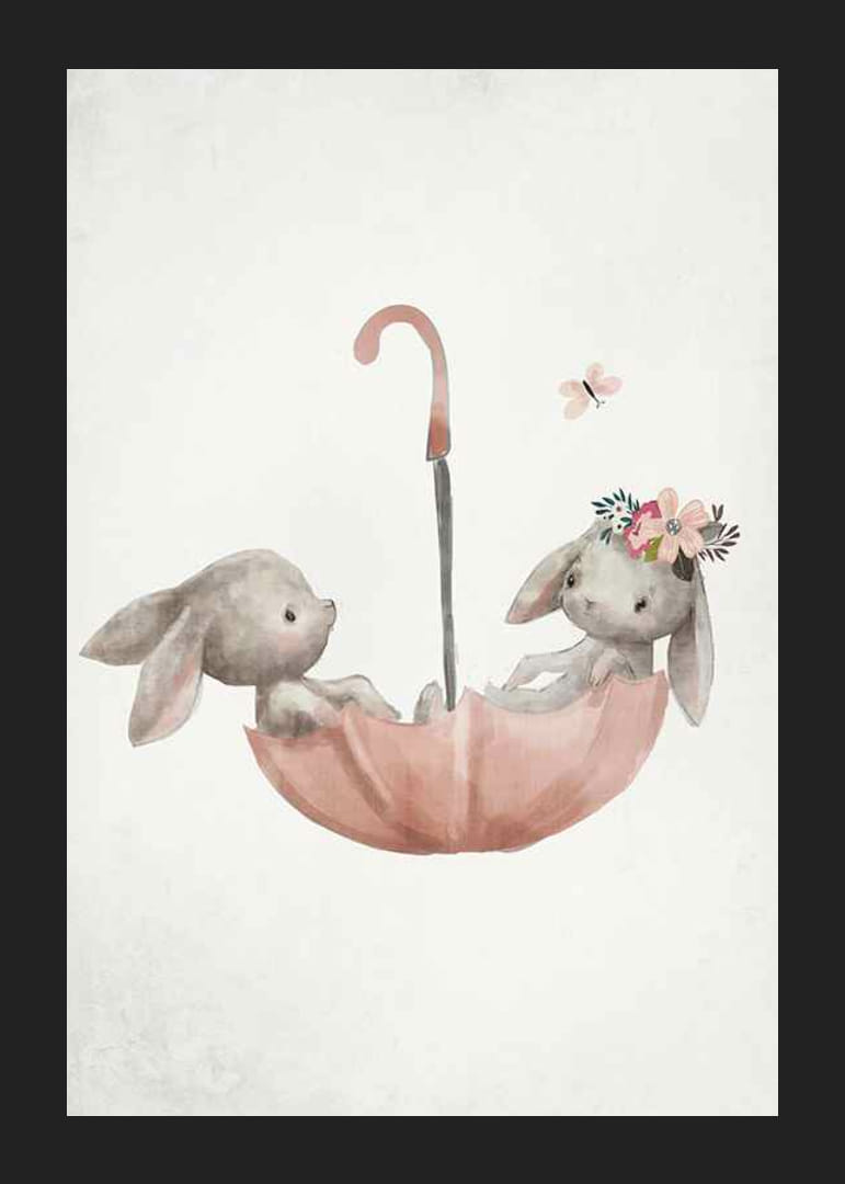 Ilustração em aquarela de dois coelhos em guarda-chuva rosa-12