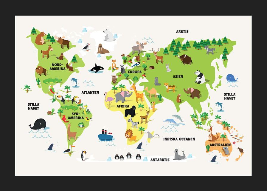 Illustrerad världskarta med djur och färgglada kontinenter-12