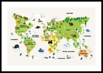 Juliste Maailmankartan Eläimet
