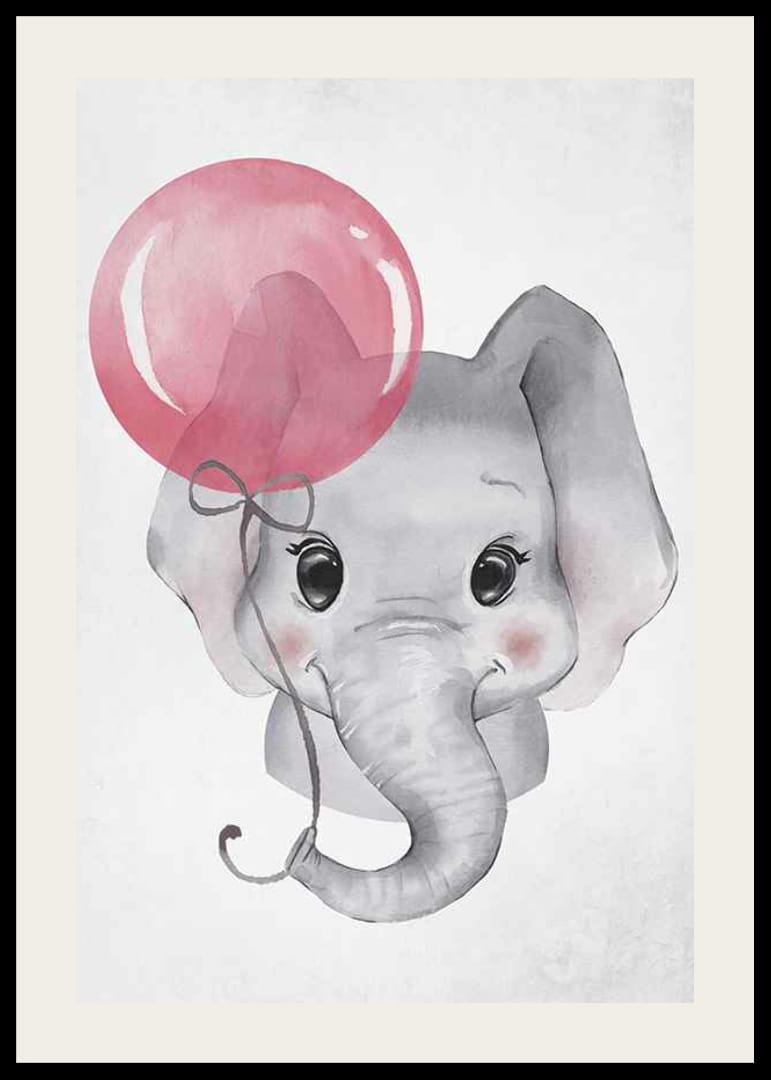 Aquarelillustratie van een babyolifant met een roze ballon-12