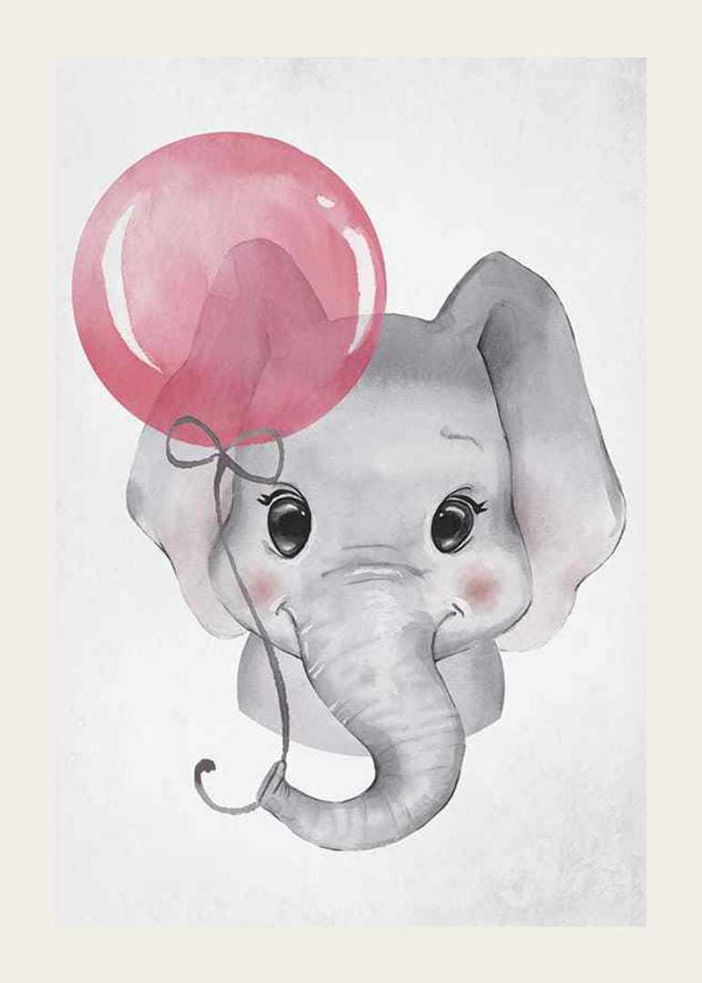 Aquarelillustratie van een babyolifant met een roze ballon-12