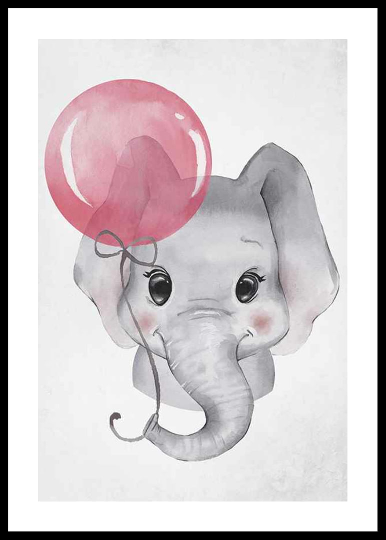 Watercolor illustration of baby elephant with pink balloon-12