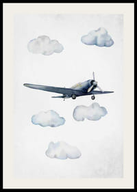 Akvarell kék repülőgépről a felhők között, világos háttéren-2