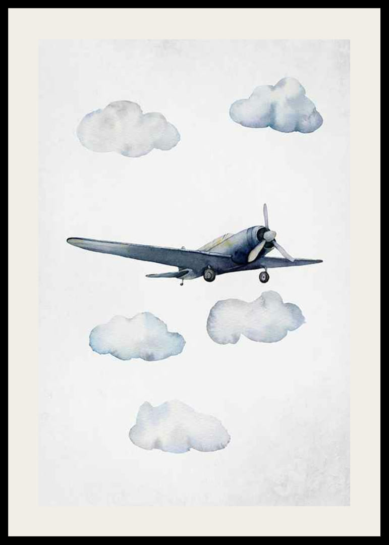 Akvarell kék repülőgépről a felhők között, világos háttéren-12