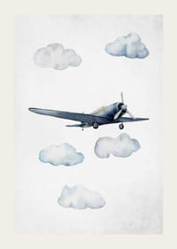 Akvarell kék repülőgépről a felhők között, világos háttéren-3